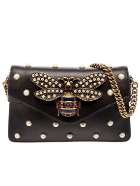 Gucci Black Pearl-Studded Leather Crossbody with Jeweled Bee